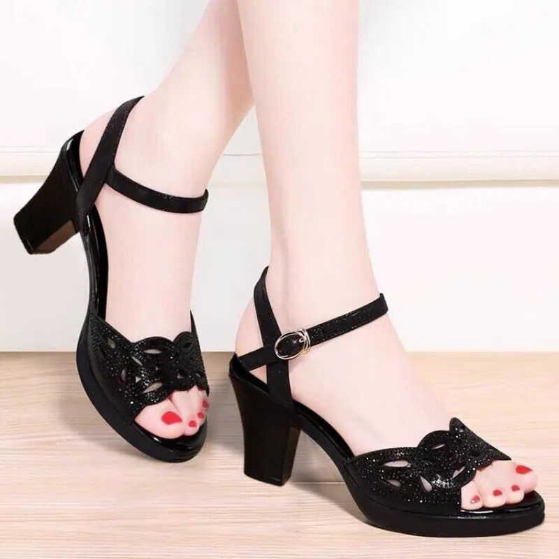 2020 New Thick Heel Sandals Women's Summer Fish Mouth Women's Shoes Rhinestone High Heels Women's Black Mother Shoes Women