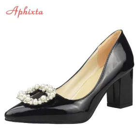 7cm 5cm Square Heels Patent Leather Pearl Buckle Shoes