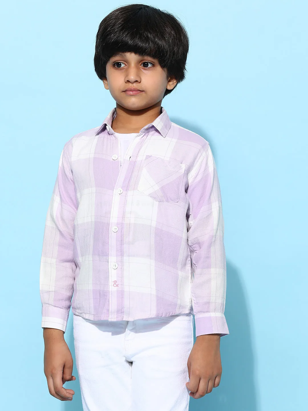 Boys Purple 100% Cotton Regular Fit Checked Shirt