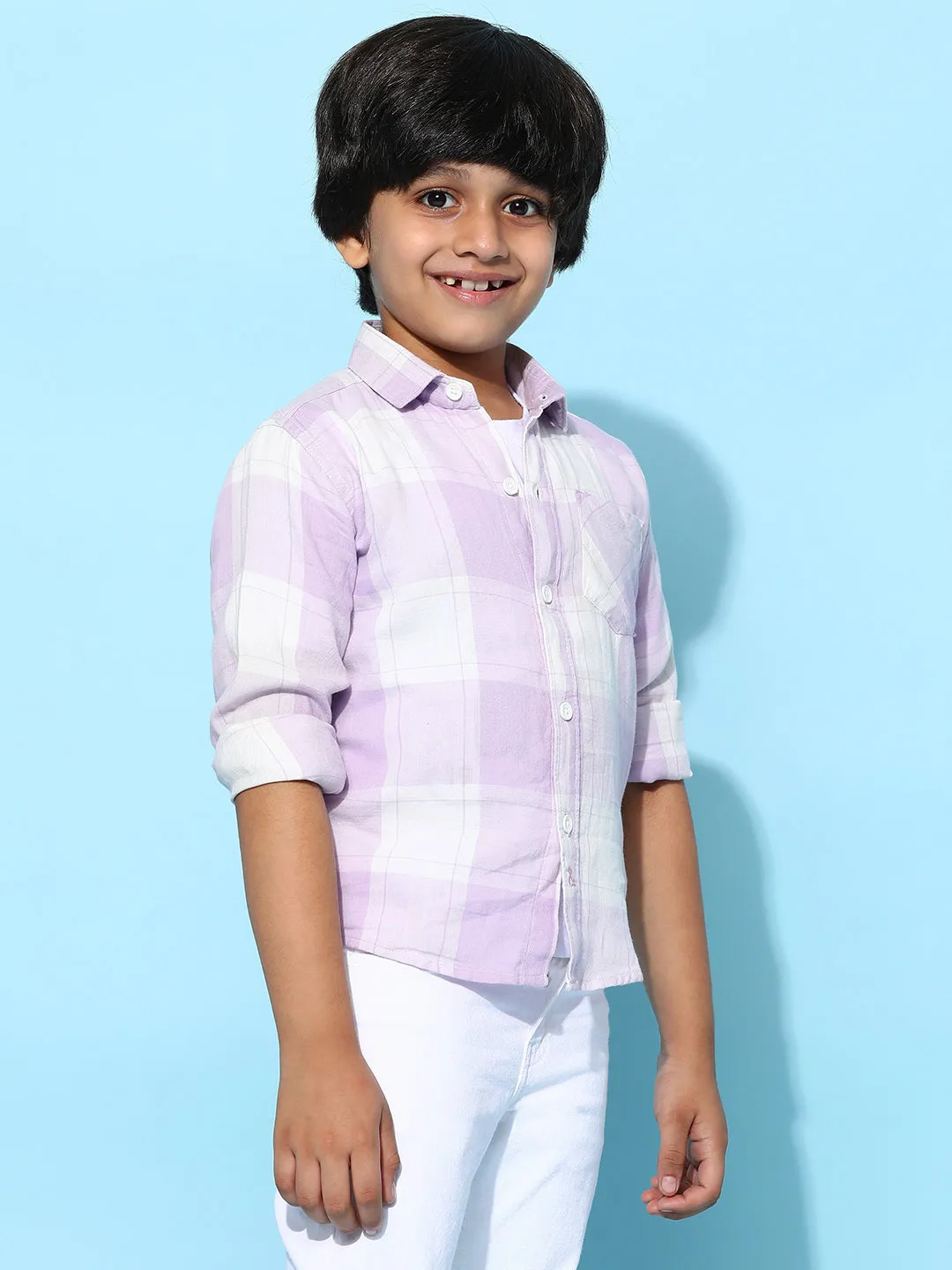 Boys Purple 100% Cotton Regular Fit Checked Shirt