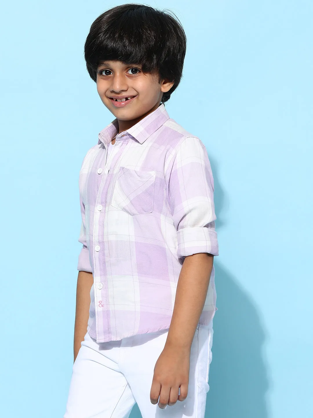 Boys Purple 100% Cotton Regular Fit Checked Shirt