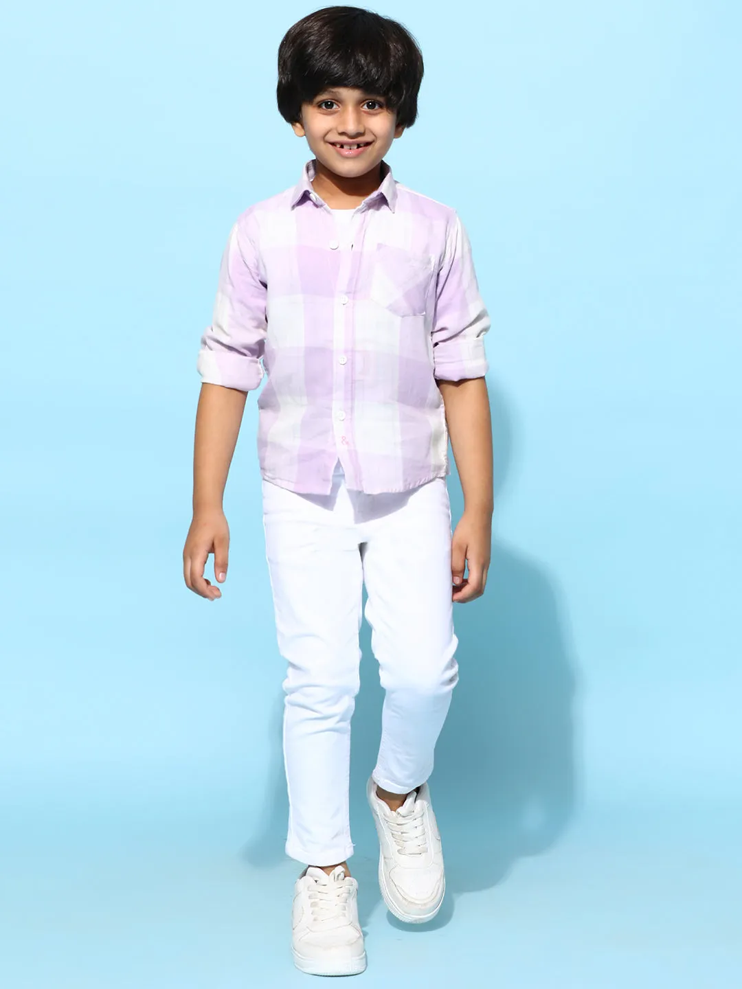 Boys Purple 100% Cotton Regular Fit Checked Shirt