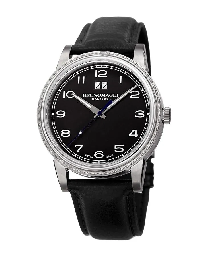 Bruno Magli Mens Dante Embossed Case - Black Dial - Leather Strap - Date Window