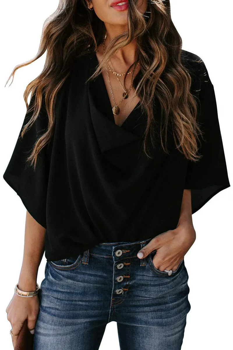 Casual Solid Flounce V Neck T-Shirts