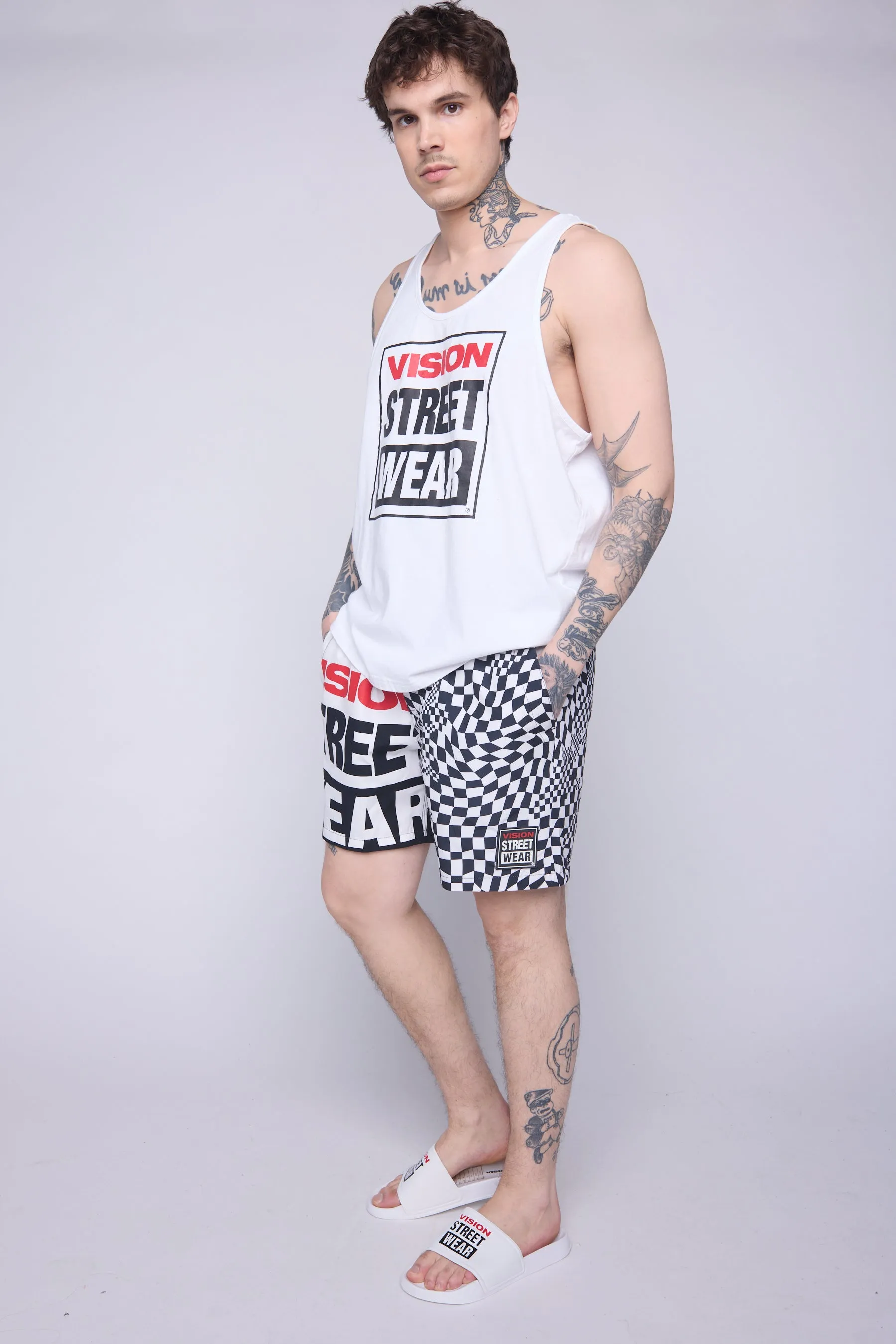 Checker/Logo Asymmetrical Swim Shorts - Ivory