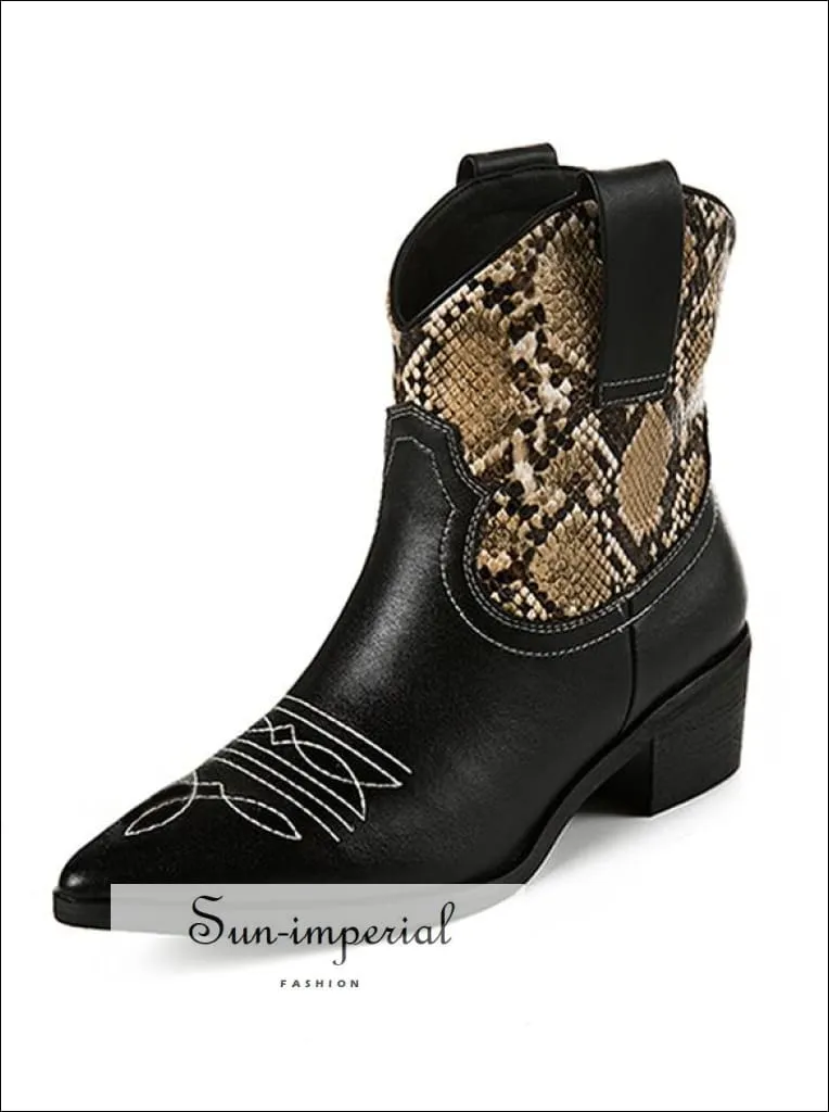 Cossacks Mixed Colors Pu Leather Cowboy Ankle Boots Women Mid Heel Booties Snake Print Western