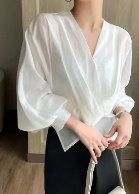 Fashion White V Neck Asymmetrical Silk Thin Shirts Spring HA1059