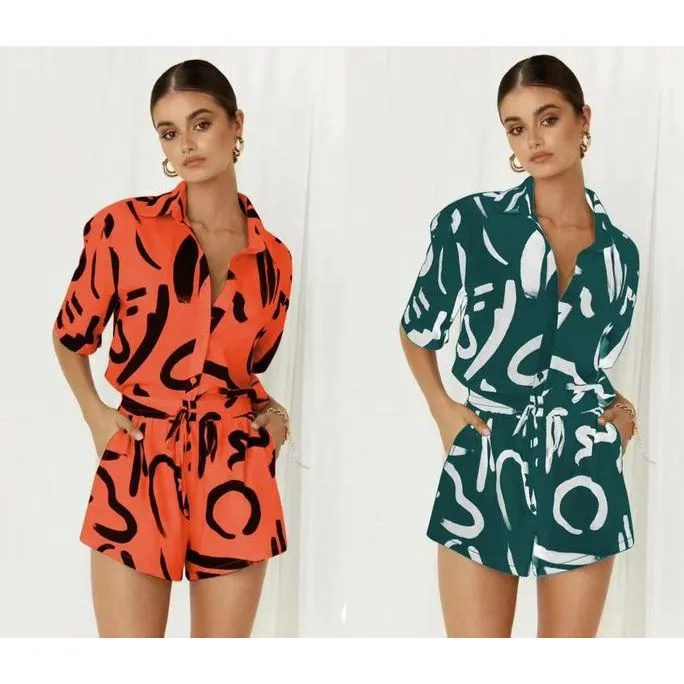 Graphic Print Button Front Shirt & Shorts Set