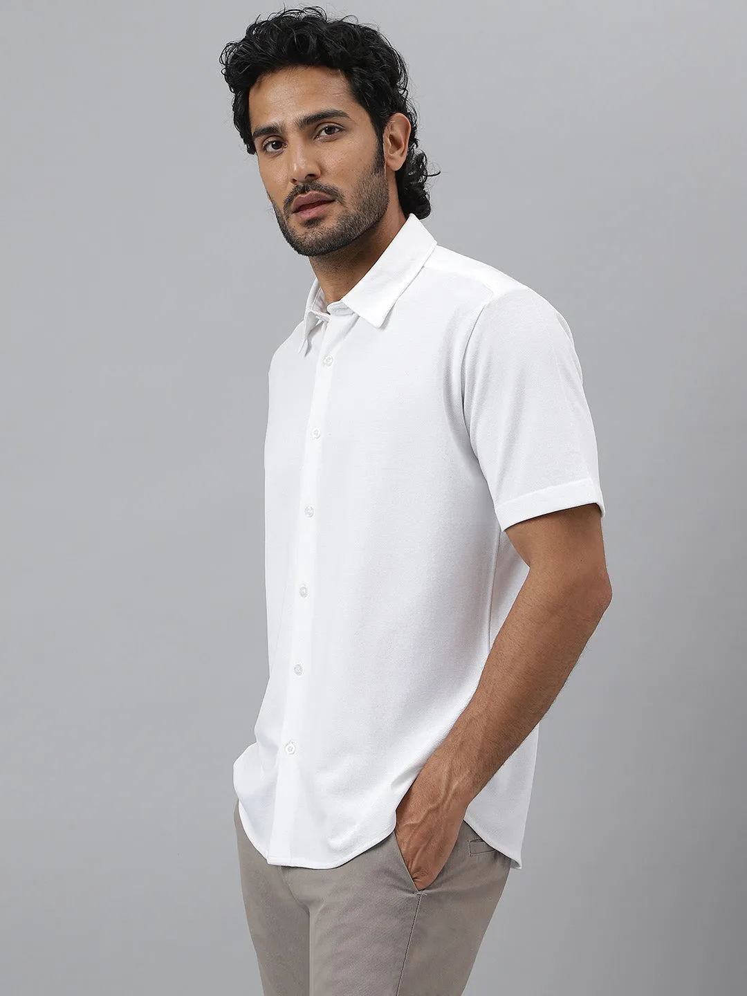 Half Sleeve Pique Knit White Shirt - Daylight