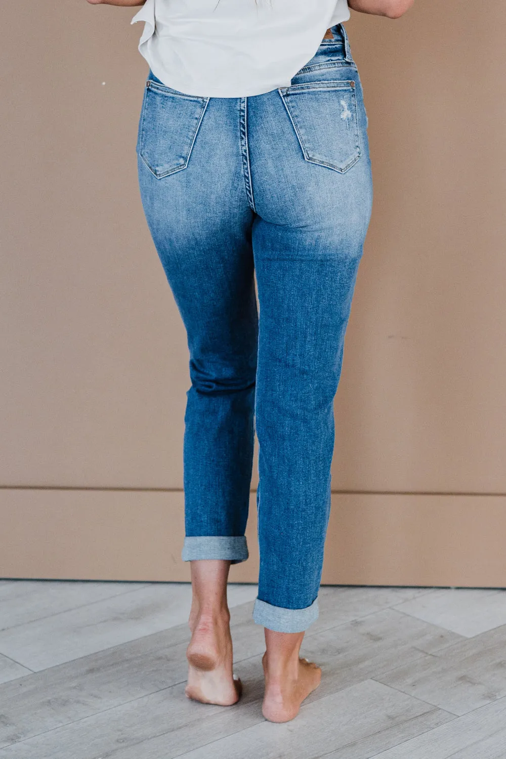 Judy Blue Mid Rise Cuffed Distressed Boyfriend Jeans