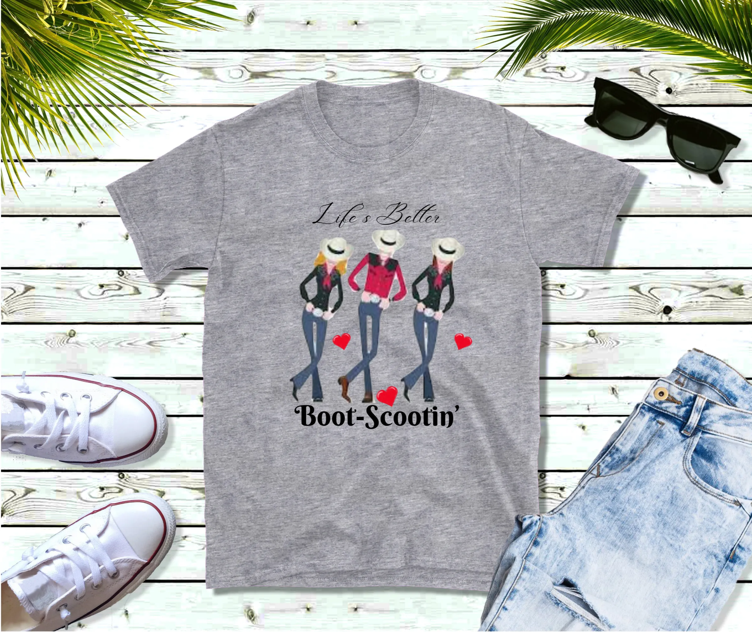 Life's Better Boot Scootin' Cotton T-Shirt, Country T-Shirt, Line Dancing T-Shirt, 3 Girls Dancing, Dancing T-Shirt