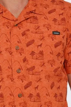 MEN'S CAMPING PRINT SHORT SLEEVE CAMP SHIRT - ORANGE