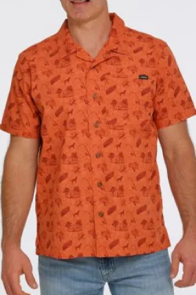 MEN'S CAMPING PRINT SHORT SLEEVE CAMP SHIRT - ORANGE