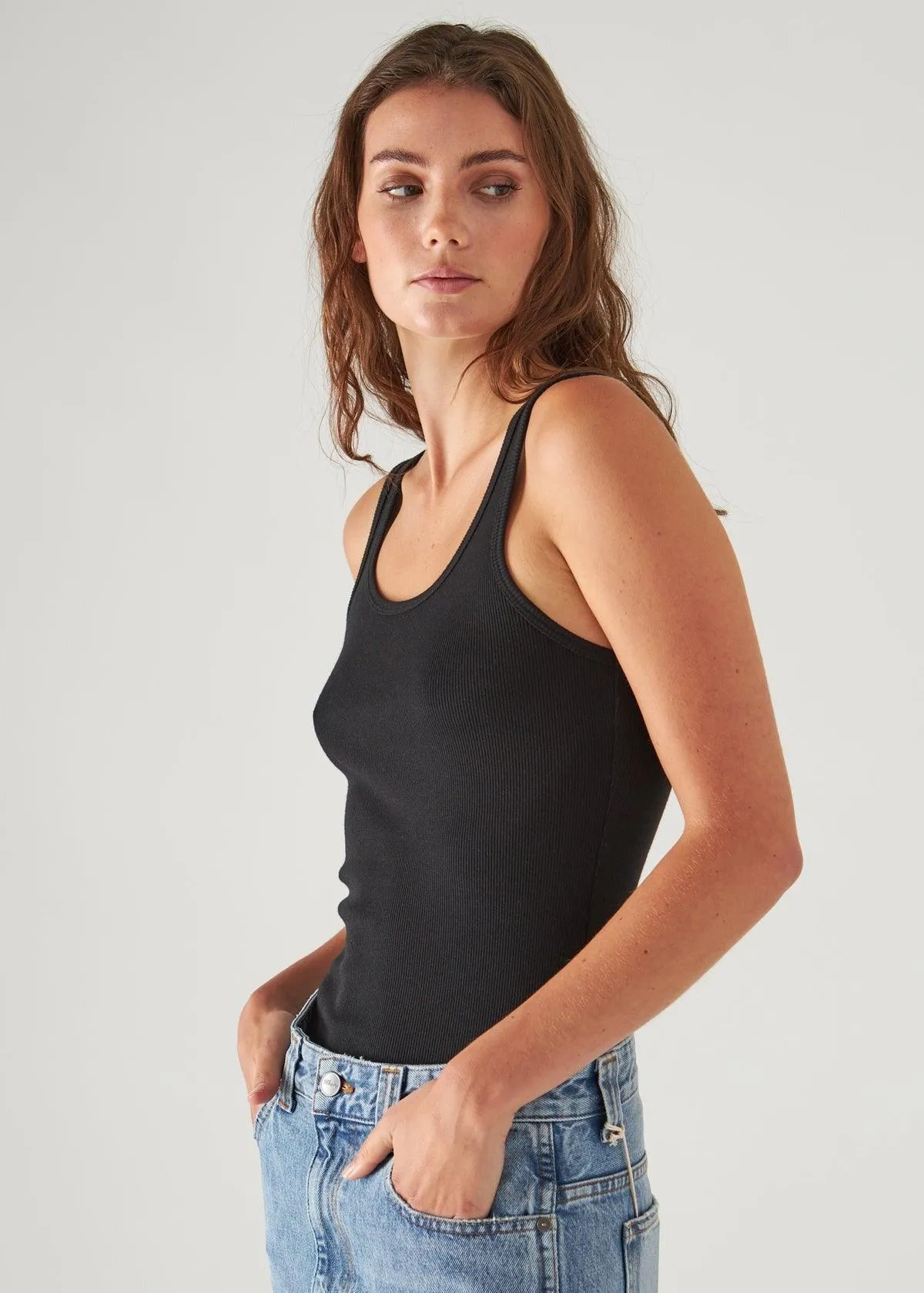 Patrick Assaraf Scoop Neck Rib Tank Black