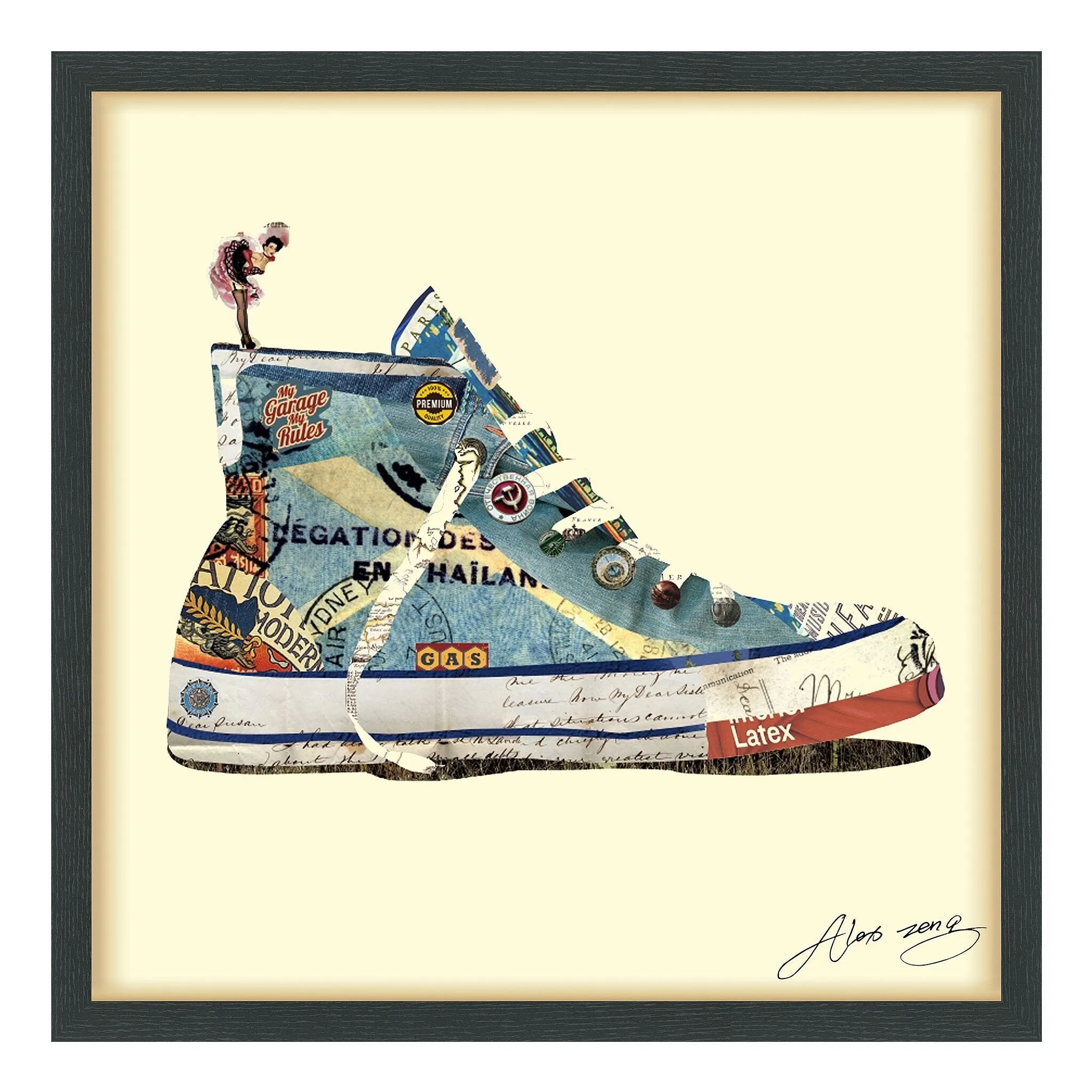 "High Top Sneaker" Dimensional Collage Framed Graphic Art Under Glass Wall Art