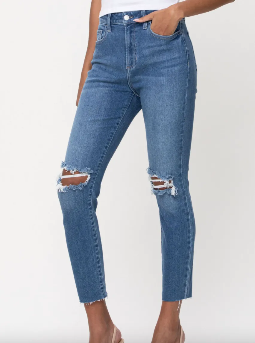 SALE | Della High Rise Distressed Mom Jeans, Cello