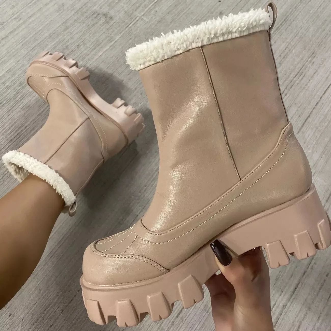 Tripper Faux Shearling Chunky Sole Ankle Boot - Nude